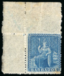 Stamp of Barbados 1861-70 No wmk (1d) blue mint top left corner marginal with plate number "2"