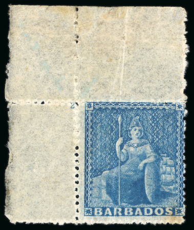 Stamp of Barbados 1861-70 No wmk (1d) blue mint top left corner marginal with plate number "2"