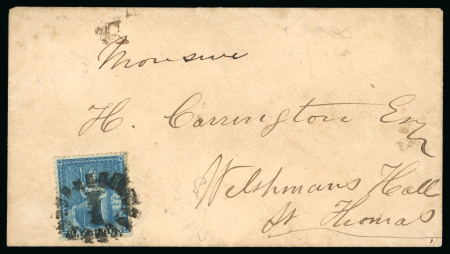 Stamp of Barbados 1869 (Oct 25) envelope to St. Thomas, Danish West Indies, with 1861-70 No wmk (1d) blue
