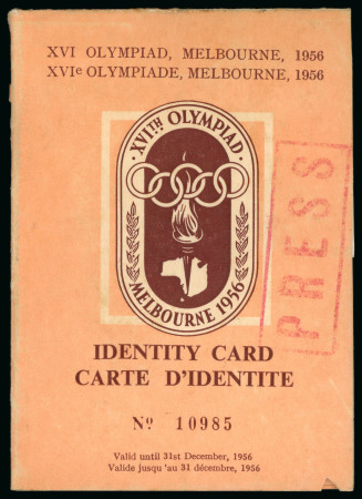 Stamp of Olympics » 1956 Melbourne 1956 Melbourne identity card for a journalist, fine.