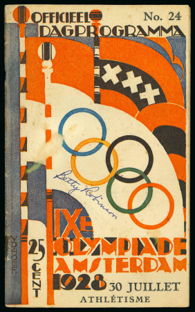 Stamp of Olympics » 1928 Amsterdam » Memorabilia 1928 Amsterdam programme for 30th July, signed on the front cover by Betty Robinson, winner of the first Olympic 100 metres for women