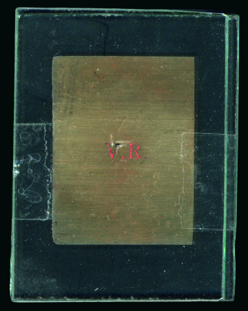 Stamp of Fiji 1874-1875 “V.R.” overprint Sperati forgery, one cliché on celluloid protected by glass, featuring solely the “V.R.” lettering