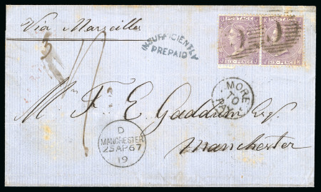 Stamp of British Levant  1867 (Apr 17) wrapper to England with 1865-67 6d pl.5 pair tied bx "C" barred ovals, with "INSUFFICIENTLY / PREPAID" arced hs at left