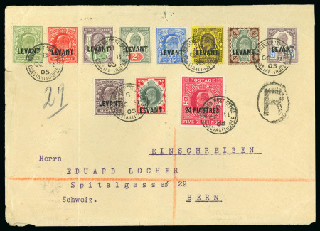 Stamp of British Levant  1905 (Oct 11) envelope sent registered to Switzerland with philatelic franking