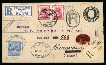 Stamp of British Levant  1919 (May 10) 2d black Forces registration envelope (1915 issue, size G), sent from Smyrna to Egypt, redirected
