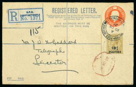 Stamp of British Levant  1921 (Dec 10) GB 3d+2d registered envelope (RP 34G, size G) uprated with 1921 18 3/4pi