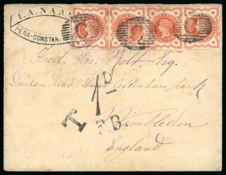 Stamp of British Levant  1888 (Feb 4) envelope sent to England with 1887 1/2d vermilion strip of four tied by "C" barred ovals, underpaid