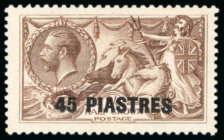 Stamp of British Levant  1921 45pi on 2s6d chocolate brown showing variety re-entry to shield and upper right frame on ribbed paper