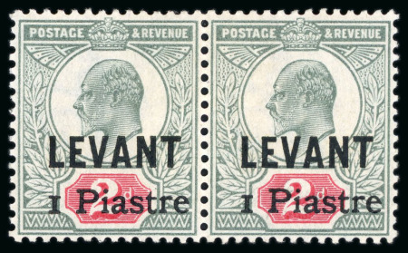 Stamp of British Levant  1906 Beyrout Provisional 1pi on 2d grey-green & carmine mint l.h. pair
