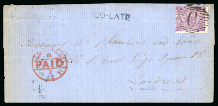 Stamp of British Levant  1871 (Jan 28) wrapper to England with 1867-70 6d violet pl.9 tied by barred "C" oval, with "TOO-LATE" hs 