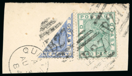 Stamp of Gold Coast 1876-84 1d blue diagonal bisect on piece with normal 2d, tied by Quittah cds 