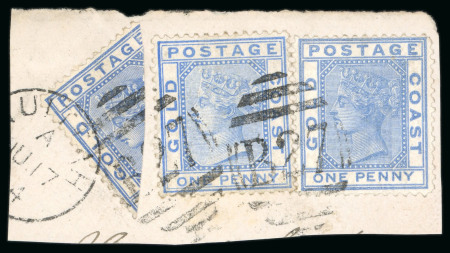 Stamp of Gold Coast 1876-84 1d blue diagonal bisect on piece with two normal