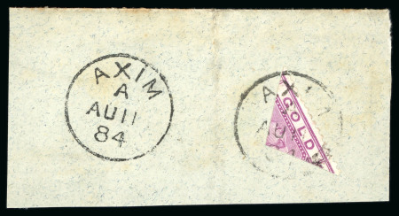 Stamp of Gold Coast 1876-84 4d magenta quadrisect on piece tied by Axim cds