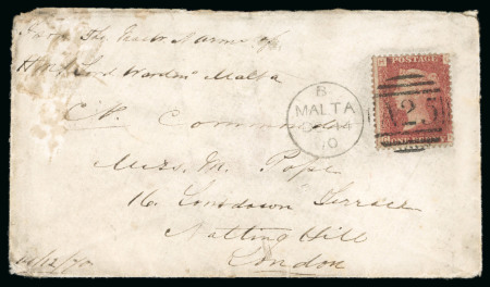Stamp of Malta 1870 (Dec 14) Sailor's concessionary rate cover from Malta to England, franked with GB 1864-79 1d red
