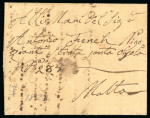 Stamp of Malta 1822 unpaid incoming entire from Tunisia with arrival charge "O?.29.T.4;10" handstamp