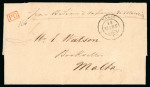 Stamp of Malta 1838 incoming entire from France with printed contents, reverse with "27 March 3d" local post handstamp