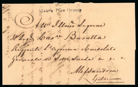 Stamp of Malta 1836 entire to the Sardinian Consul in Alexandria (Egypt) bearing a fine s/l "Malta Post Office" hs 