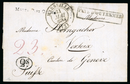 Stamp of Malta 1834 entire to Switzerland bearing a fine s/l "Malta Post Office" hs and oval "2s"