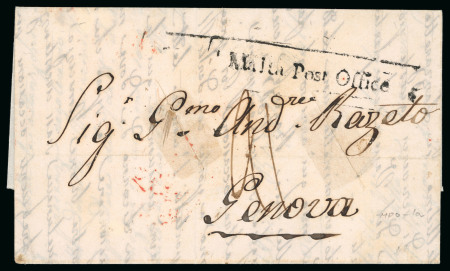 Stamp of Malta 1841 entire to Genova (Italy) bearing a fine framed "Malta Post Office" hs