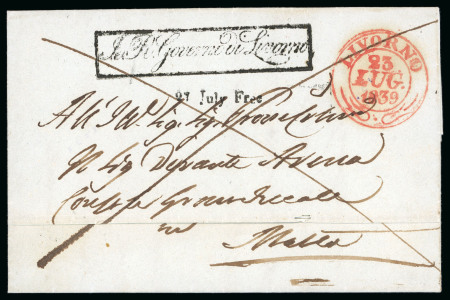 Stamp of Malta 1839 incoming entire from Livorno, with very fine strike of the rare "27 July Free" local post hs