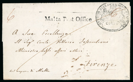 Stamp of Malta 1840 entire from the Ionian Islands to Firenze, with "Malta Post Office" framed hs
