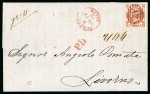 Stamp of Malta 1872 (Jul 19) entire sent registered to Livorno with 1867 10d red-brown cancelled by crisp "A25" numeral