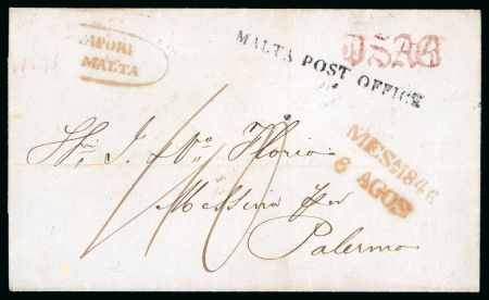 Stamp of Malta 1846 wrapper to Palermo bearing a good strike of the "MALTA POST OFFICE" hs