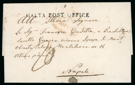 Stamp of Malta 1845 entire to Naples bearing a very good strike of the "MALTA POST OFFICE" hs