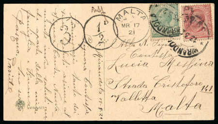 Stamp of Malta 1921 incoming Easter Greetings postcard from Italy, underfranked with "3D" and "1/2D" circular handstamps