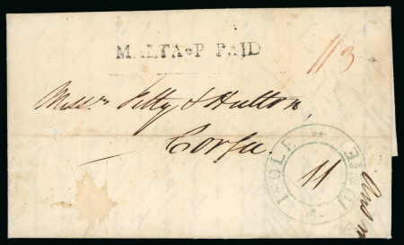 Stamp of Malta 1824 entire to Corfu bearing a good strike of the scarce "MALTA * P PAID" hs