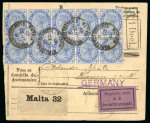 Stamp of Malta 1901 large part parcel card to Germany with 1885-90 2 1/2d blue block of ten cancelled by Parcel Post Service Malta cds