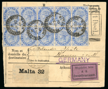 Stamp of Malta 1901 large part parcel card to Germany with 1885-90 2 1/2d blue block of ten cancelled by Parcel Post Service Malta cds