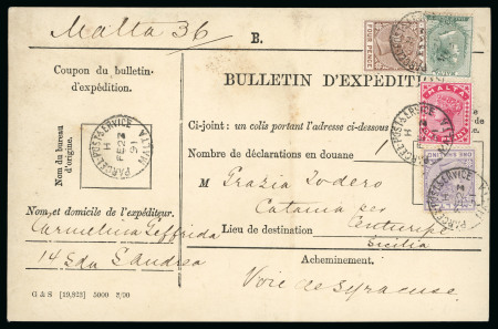 Stamp of Malta 1891 (Feb 23) parcel card to Sicily with a four-colour franking 