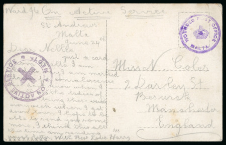 Stamp of Malta 1915 (Jun 24) picture postcard to England, with the rare violet "WOUNDED POST OFFICE / (crown) / MALTA" circular cachet,
