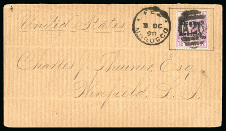 Stamp of Morocco Agencies (British Post Offices) » Gibraltar Issues Overprinted 1898 (Oct 3) envelope sent to the USA with 1898-1900 50c tied by "A26" duplex cancel with Fez cds 