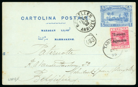 Stamp of Morocco Agencies (British Post Offices) » Gibraltar Issues Overprinted 1899 (Feb 2) 5c Mazagan à Marrakesh postal stationery card used with 1898-1900 10c tied by Tangier duplex