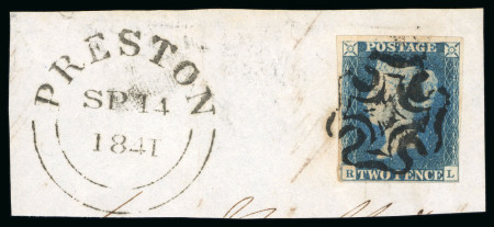 Stamp of Great Britain » 1840 2d Blue (ordered by plate number) 1840 2d blue pl.2 RL, close to very good margins, tied to piece by good strike of a black MC