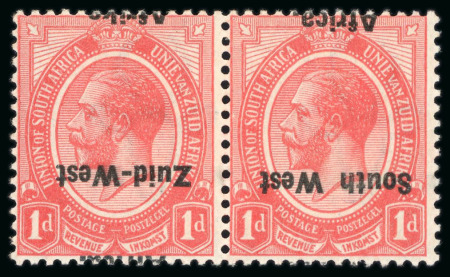 Stamp of South West Africa 1923 Setting I 1d rose-red mint l.h. se-tenant pair with overprint inverted