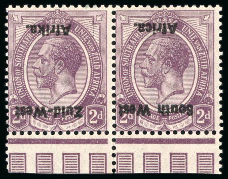 Stamp of South West Africa 1923 Setting I 2d dull purple mint l.h. se-tenant lower marginal pair with variety overprint inverted