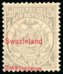Stamp of Swaziland 1892 1/2d grey mint h.r. with overprint double, with one inverted and reversed as a result of an offset from the face of another stamp