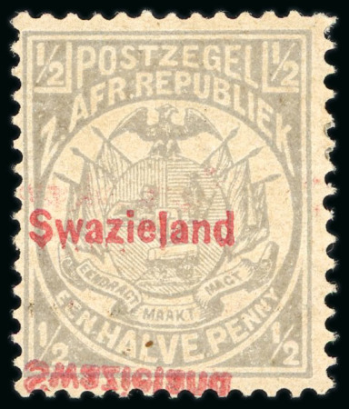 Stamp of Swaziland 1892 1/2d grey mint h.r. with overprint double, with one inverted and reversed as a result of an offset from the face of another stamp