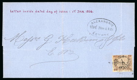 Stamp of Egypt » 1866 First Issue » Issued Stamps First Day Cover: 10pa. brown, single neatly tied by retta cancel on 1866 printed circular sent within Alexandria