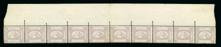 Stamp of Egypt » 1867-69 Penasson 10pa Pale lilac, mint, and mint nh top sheet marginal horizontal strip of ten