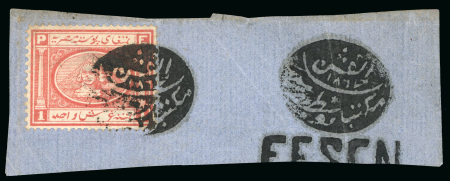Stamp of Egypt » 1867-69 Penasson » Issued Stamps 1pi rose-red, single, tied on fragment by oval negative