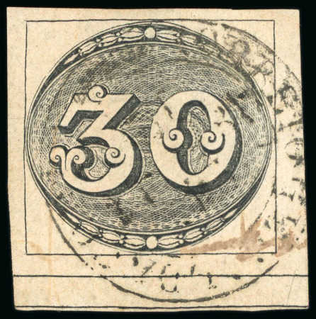 Stamp of Brazil » 1843 Bull's Eyes 1843, 30r black, worn impression, semi-xiphopagus on thick paper used