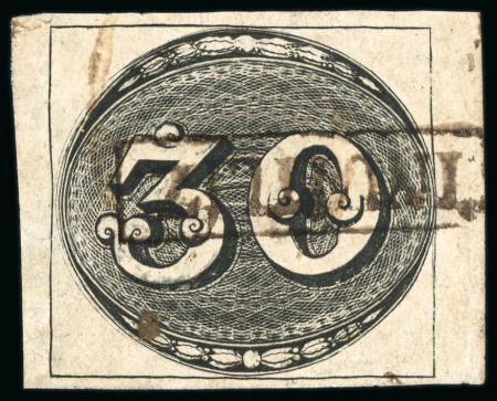 Stamp of Brazil » 1843 Bull's Eyes 1843, 30r black, worn impression, framed "Inutilz." hs from Sao Paulo