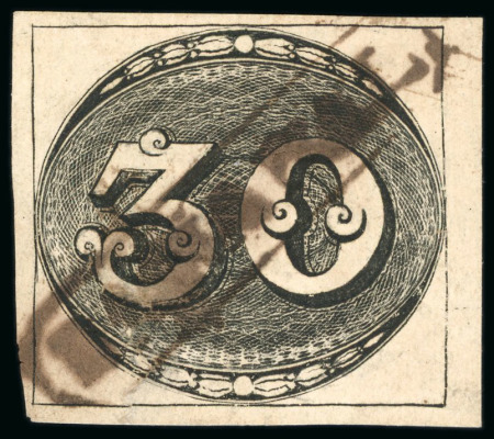 Stamp of Brazil » 1843 Bull's Eyes 1843, 30r black, early impression, framed "BANANAL"