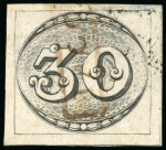 Stamp of Brazil » 1843 Bull's Eyes 1843, 30r black, worn impression, framed "TACOAHY" hs