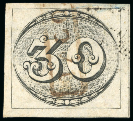 Stamp of Brazil » 1843 Bull's Eyes 1843, 30r black, worn impression, framed "TACOAHY" hs