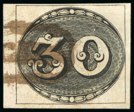 Stamp of Brazil » 1843 Bull's Eyes 1843, 30r black, early impression, cancelled by octagonal "MAMBOCABA" hs